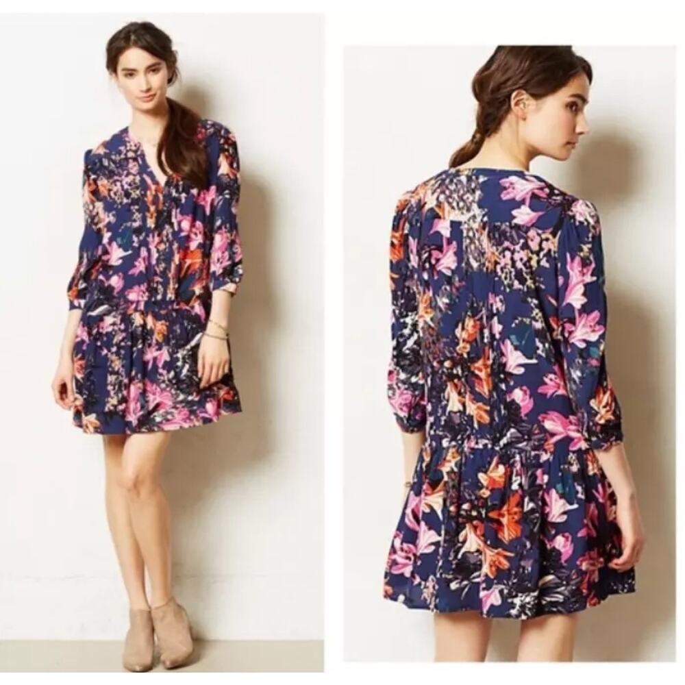 Anthropologie Navy Floral Midi Dress with Pink & Orange Blooms